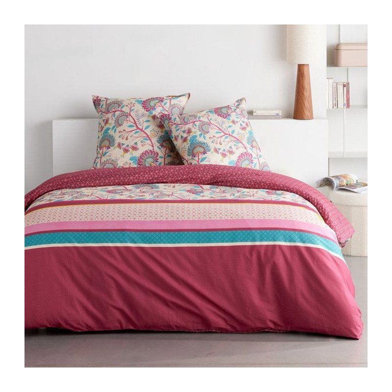 Parure de Lit - 240 x 220 cm - Coton Imprimé Floral Rouge Bordeaux -