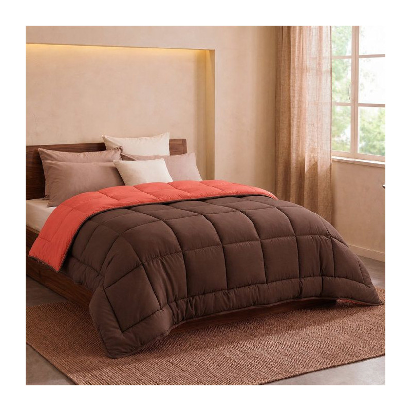 CALGARY - Couette Chaude Microfibre 400 gr/m2 - Brun & Corail - 200 x