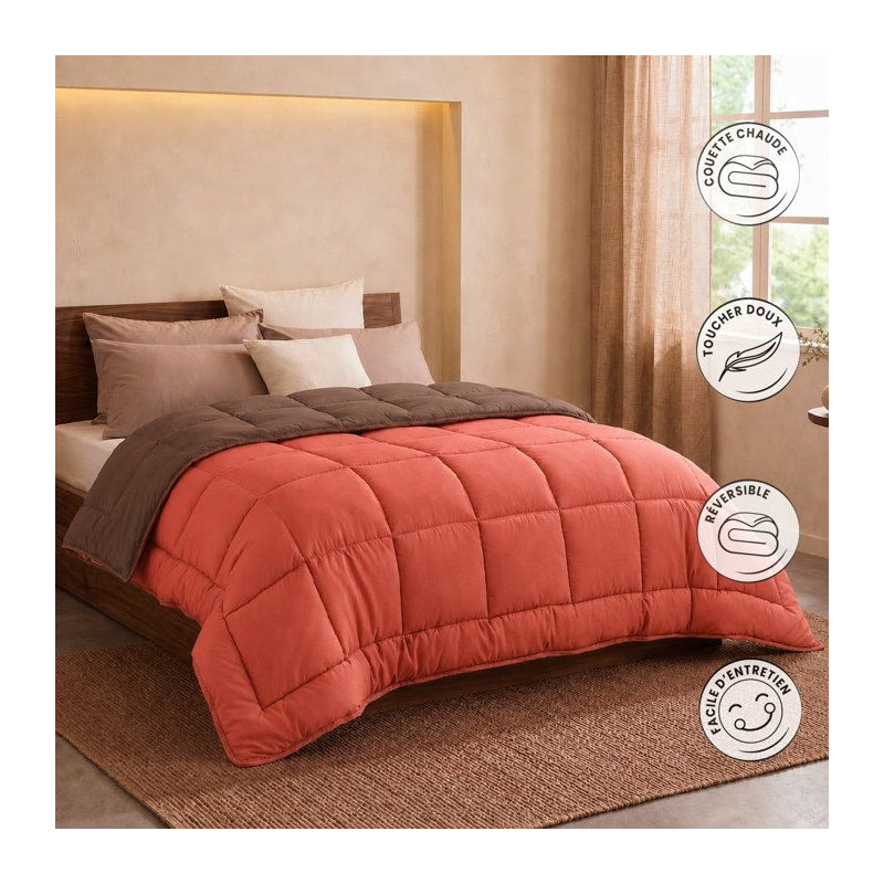 CALGARY - Couette Chaude Microfibre 400 gr/m2 - Brun & Corail - 200 x