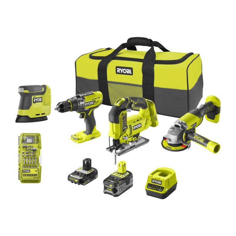 RYOBI Pack 4 outils ONE+ 18V perceuse à percussion + meuleuse + scie