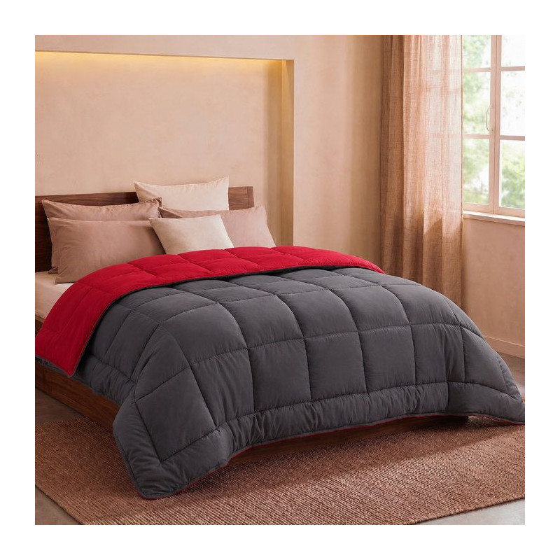 HUDSON - Couette Légere Microfibre - 200gr/m2 - Gris & Rouge - 240 x