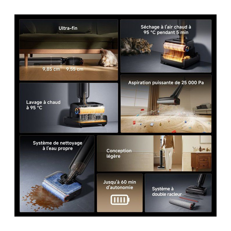Aspirateur Laveur sans fil - DREAME T16 Pro Heat - 30 000 Pa - Nettoya