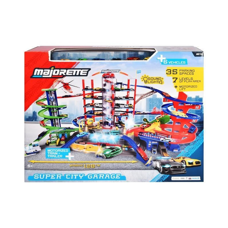 Majorette - Super city garage - 2 niveaux - Sons et lumières - 6 véh