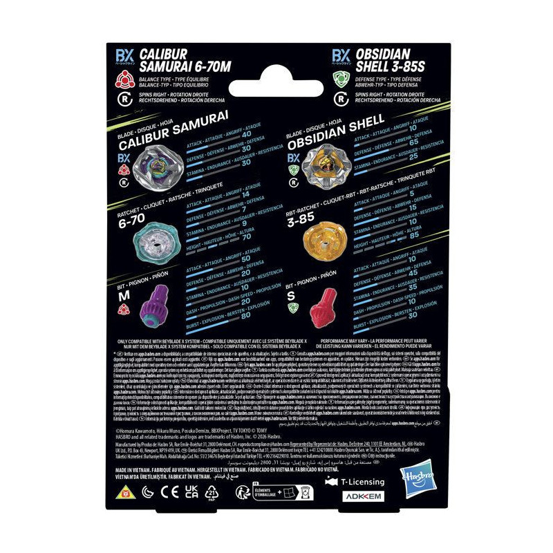 Beyblade X Dual Pack Calibur Samurai 6-70M BX et Obsidian Shell 3-85S