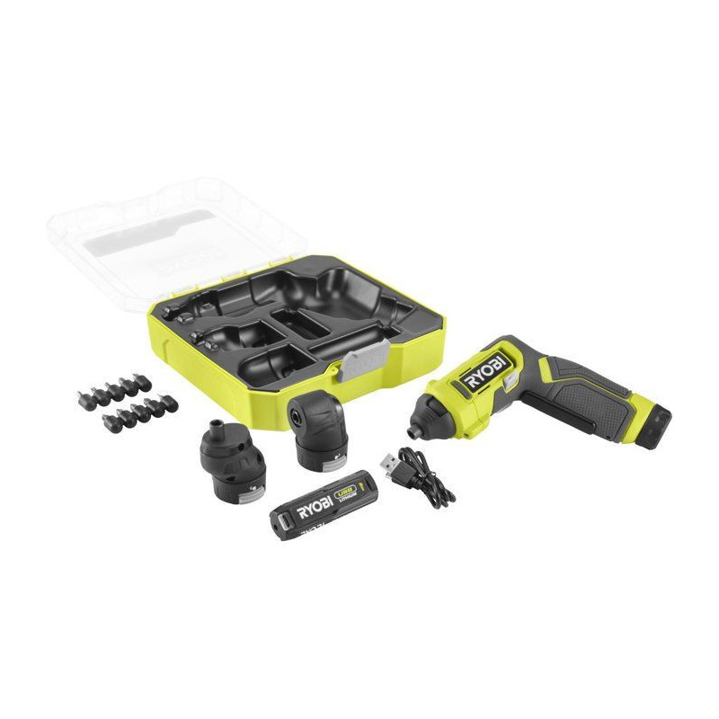 RYOBI Tournevis 4V USB Lithium angles et tiroirs - batterie 2Ah + char