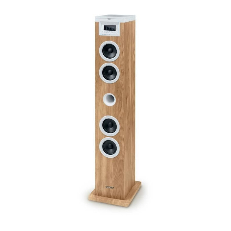 Tour haut-parleur - THOMSON - Bluetooth/CD/USB/SD - Blanc/Bois - 60W -