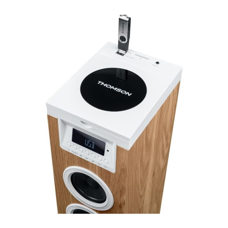 Tour haut-parleur - THOMSON - Bluetooth/CD/USB/SD - Blanc/Bois - 60W -