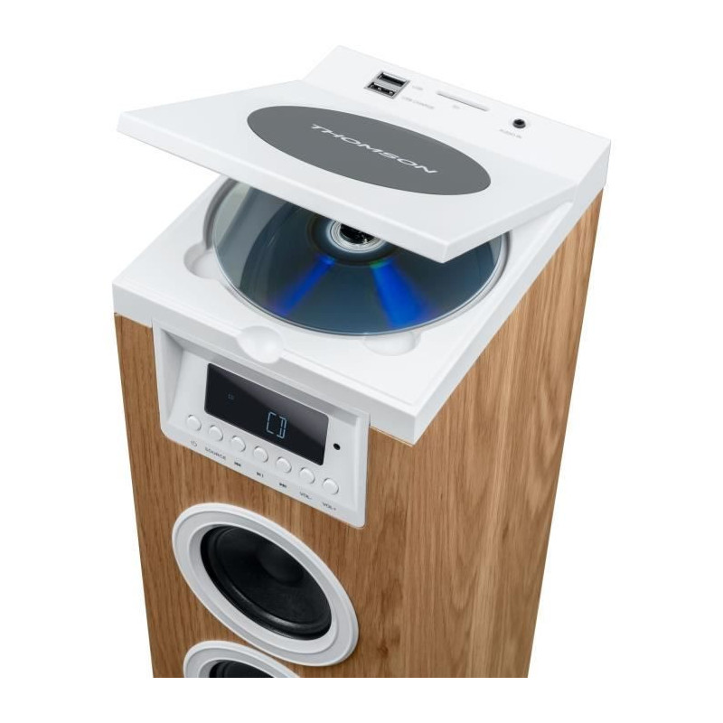 Tour haut-parleur - THOMSON - Bluetooth/CD/USB/SD - Blanc/Bois - 60W -