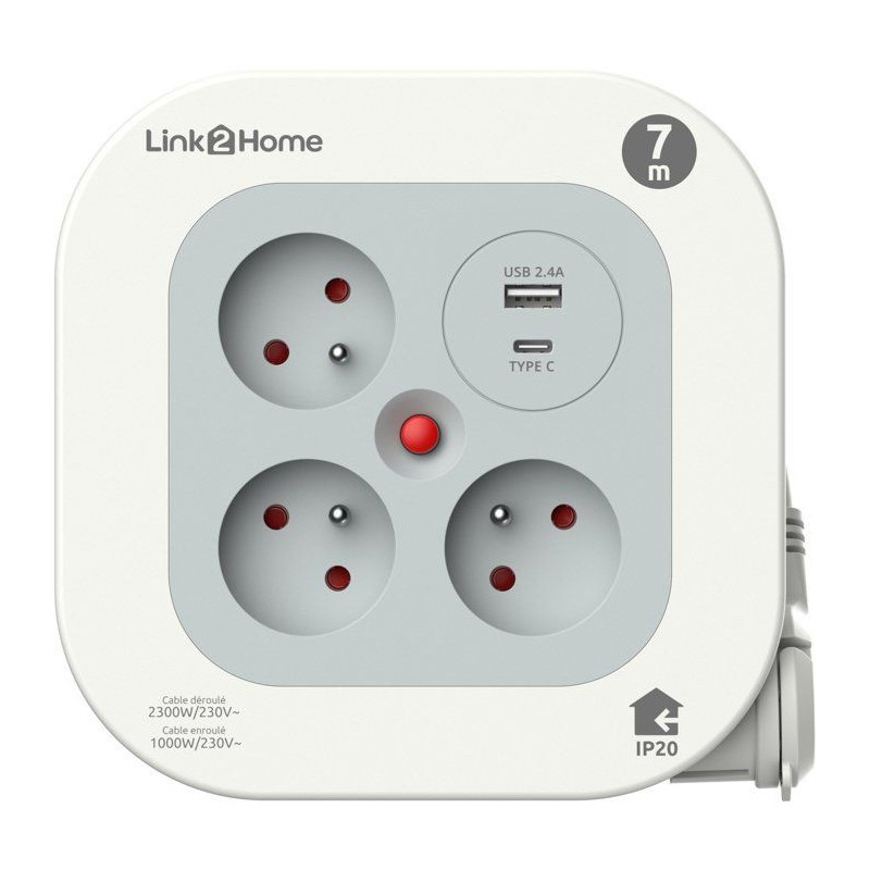 Enrouleur multiprise compact - LINK2HOME - 3 prises + USB A+C - 3000W