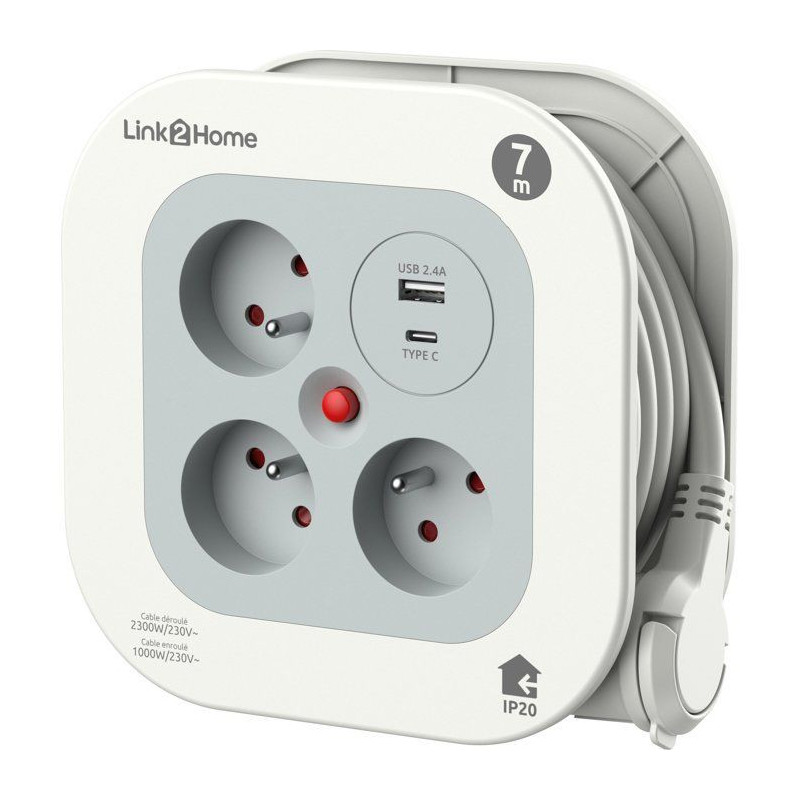Enrouleur multiprise compact - LINK2HOME - 3 prises + USB A+C - 3000W