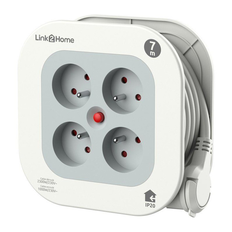 Enrouleur électrique - LINK2HOME - Compact 7 m - 4 prises - Protectio