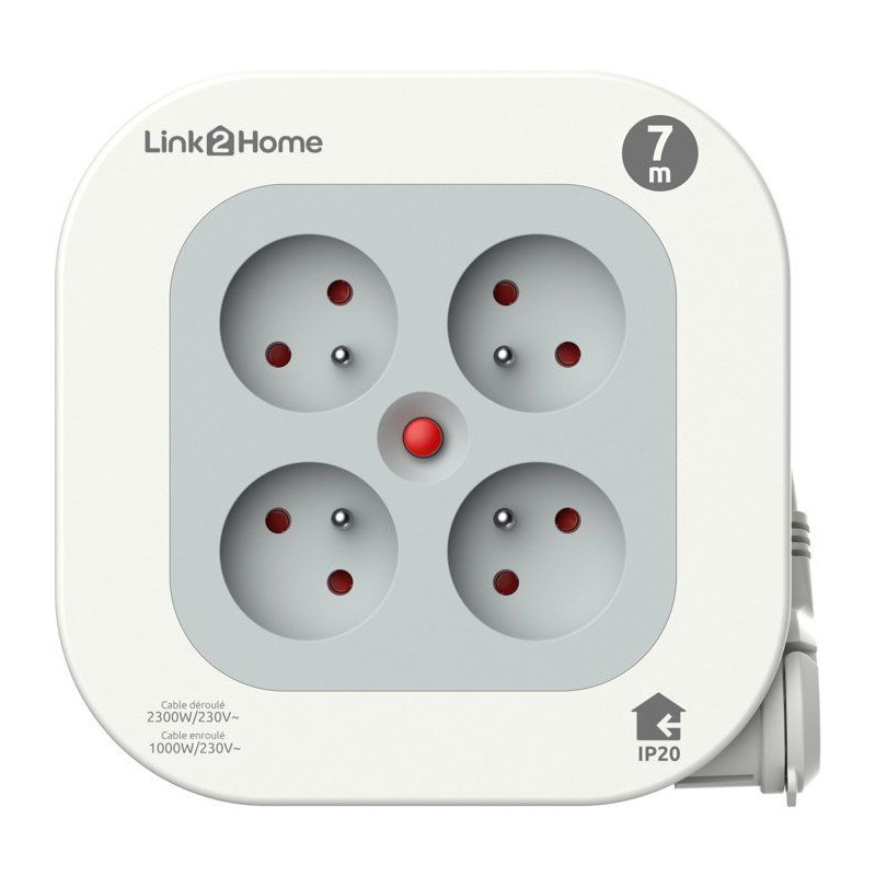 Enrouleur électrique - LINK2HOME - Compact 7 m - 4 prises - Protectio