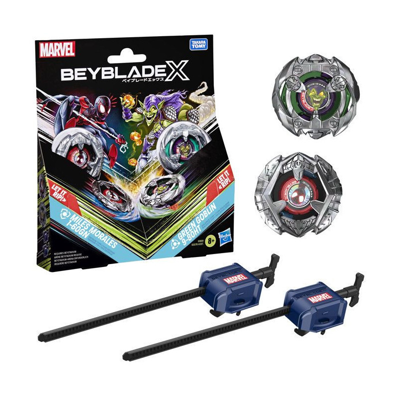 Beyblade X Miles Morales 1-60GN contre Green Goblin 9-80HT, 2 toupies
