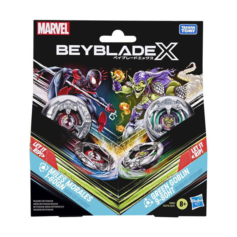 Beyblade X Miles Morales 1-60GN contre Green Goblin 9-80HT, 2 toupies