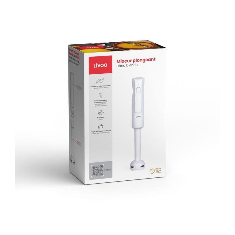 Hand blender - LIVOO - 300 W - 2 stainless steel blades - 1 speed - Wh