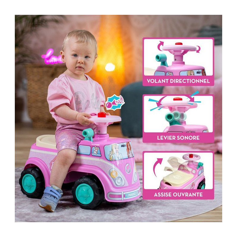 Porteur - FALK - Van rétro Barbie - Assise ouvrante - Volant avec kla