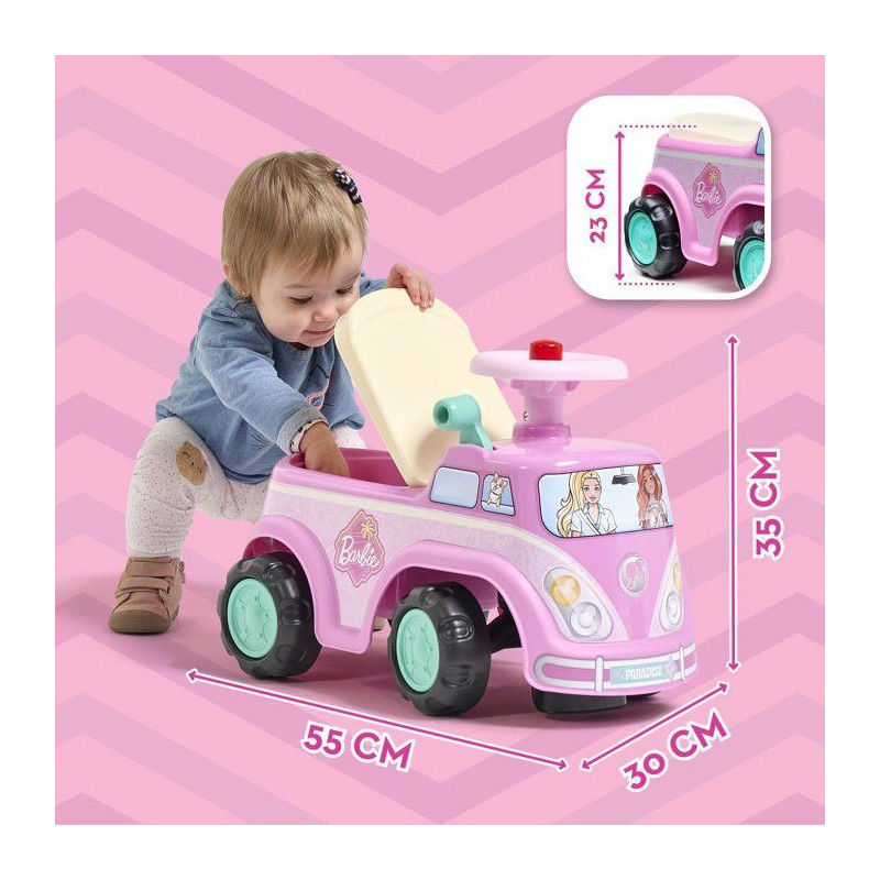 Porteur - FALK - Van rétro Barbie - Assise ouvrante - Volant avec kla
