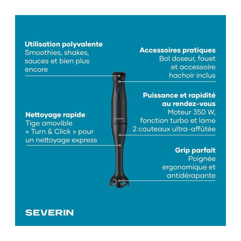 Mixeur plongeant 3-en1 - SEVERIN - SM3762 - 350 W - Pied amovible - Go