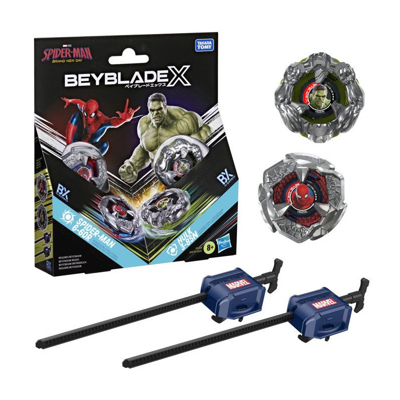 Beyblade X et Marvel, Spider-Man 6-60R contre Hulk 3-85N, 2 toupies d