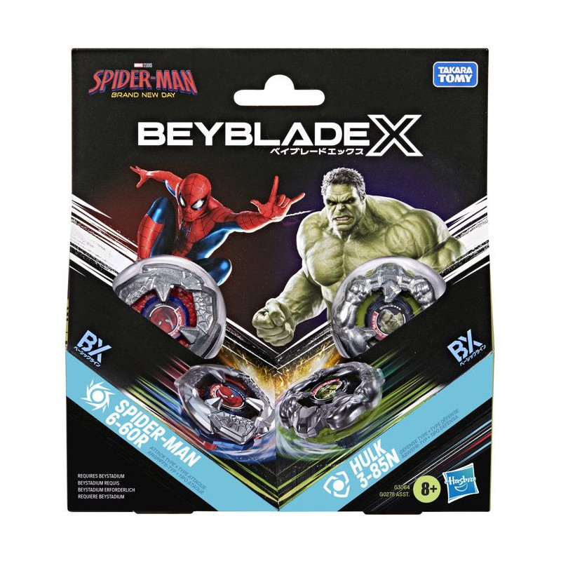 Beyblade X et Marvel, Spider-Man 6-60R contre Hulk 3-85N, 2 toupies d