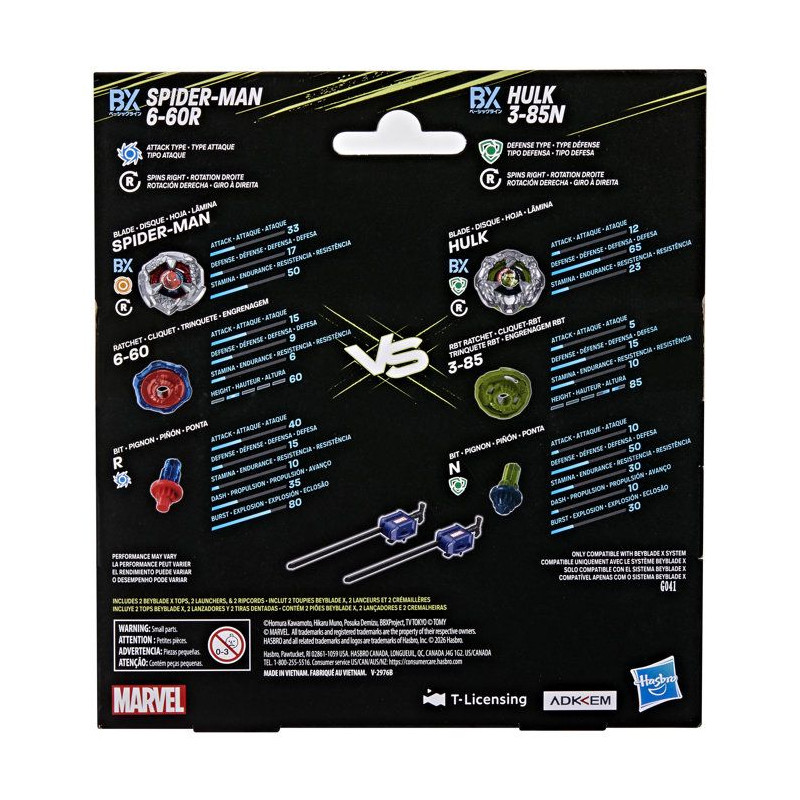 Beyblade X et Marvel, Spider-Man 6-60R contre Hulk 3-85N, 2 toupies d