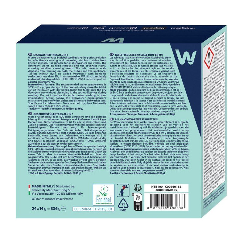 Tablettes lave-vaisselle - WPRO - NTB100 - Ecolabel - Multi-fonctions
