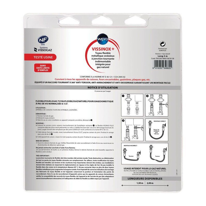 Tuyau gaz inox - WPRO - TNV200 - Gaz naturel - Vissinox+ - 2 m
