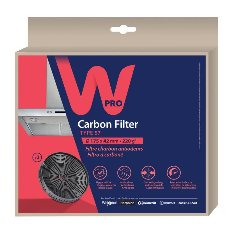 Filtre charbon hotte x2 - WPRO - CHF57 - Auto-extinguible - Indicateur