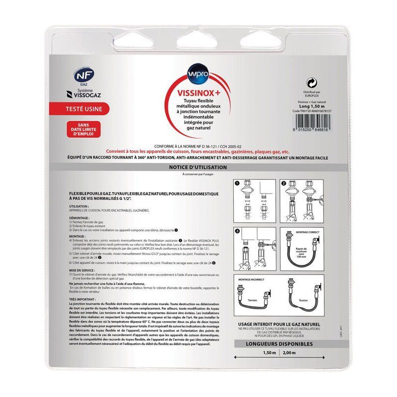 Tuyau gaz inox - WPRO - TNV150 - Gaz naturel - Anti-torsion - 1,5 m