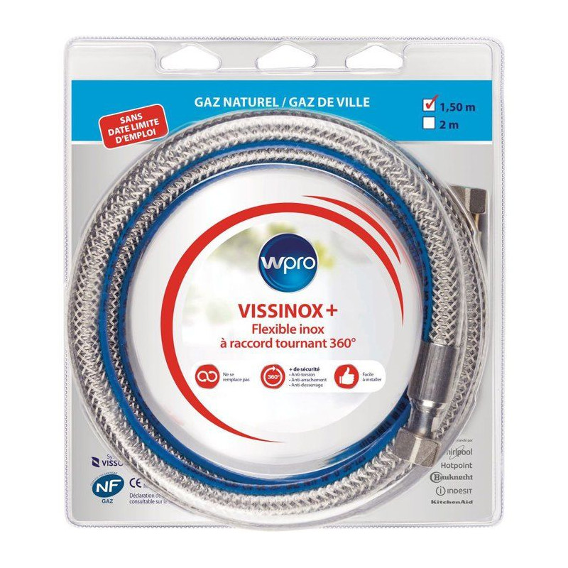 Tuyau gaz inox - WPRO - TNV150 - Gaz naturel - Anti-torsion - 1,5 m