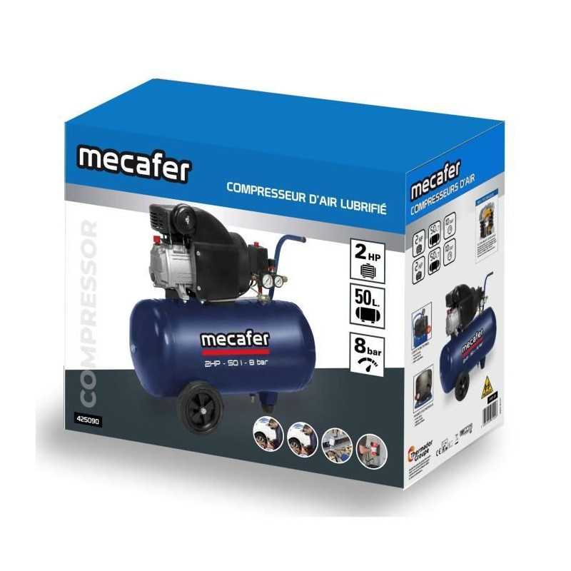 Compresseur - MECAFER - 425794 - Bleu - 50 L - 2 HP - 8 Bar