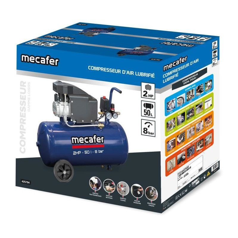Compresseur - MECAFER - 425794 - Bleu - 50 L - 2 HP - 8 Bar
