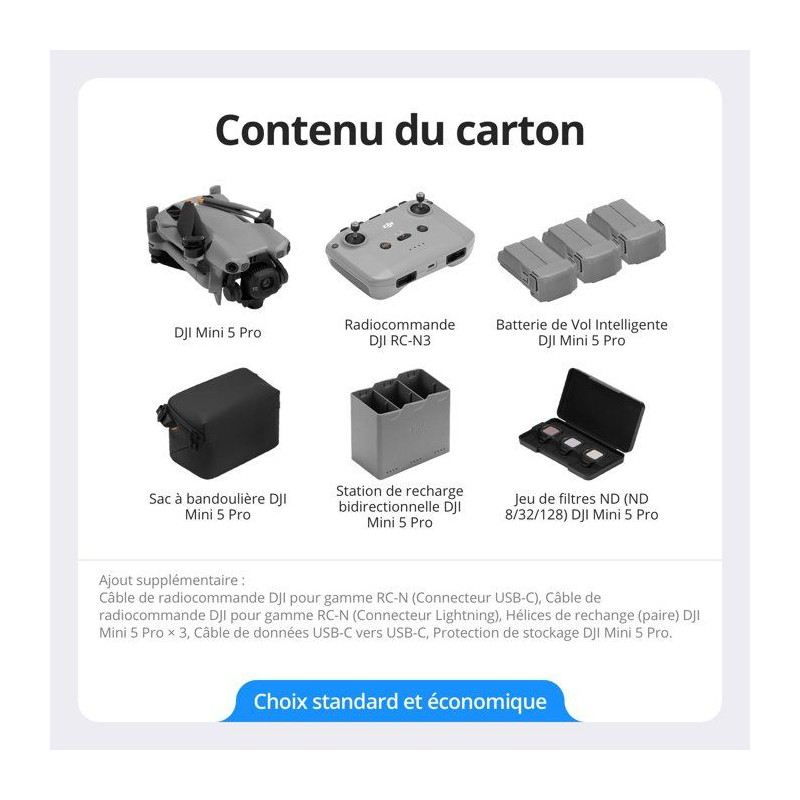 Drone caméra - DJI - Mini 5 Pro Fly More Combo DJI RC-N3 - Caméra CM