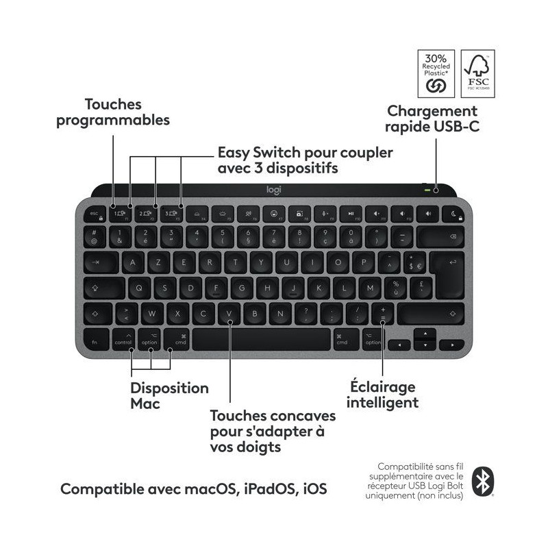 Clavier - Sans fil - Logitech - MX Keys Mini - Pour Mac - AZERTY - Noi