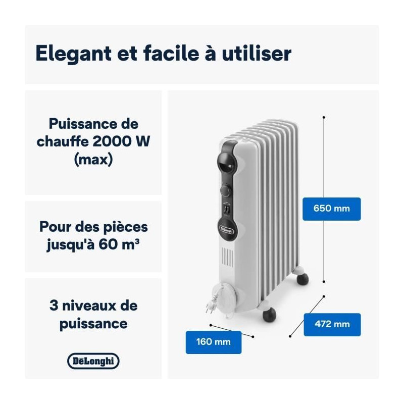 DELONGHI TRRS0920 2000 watts Radiateur bain d’huile - 3 niveaux de p