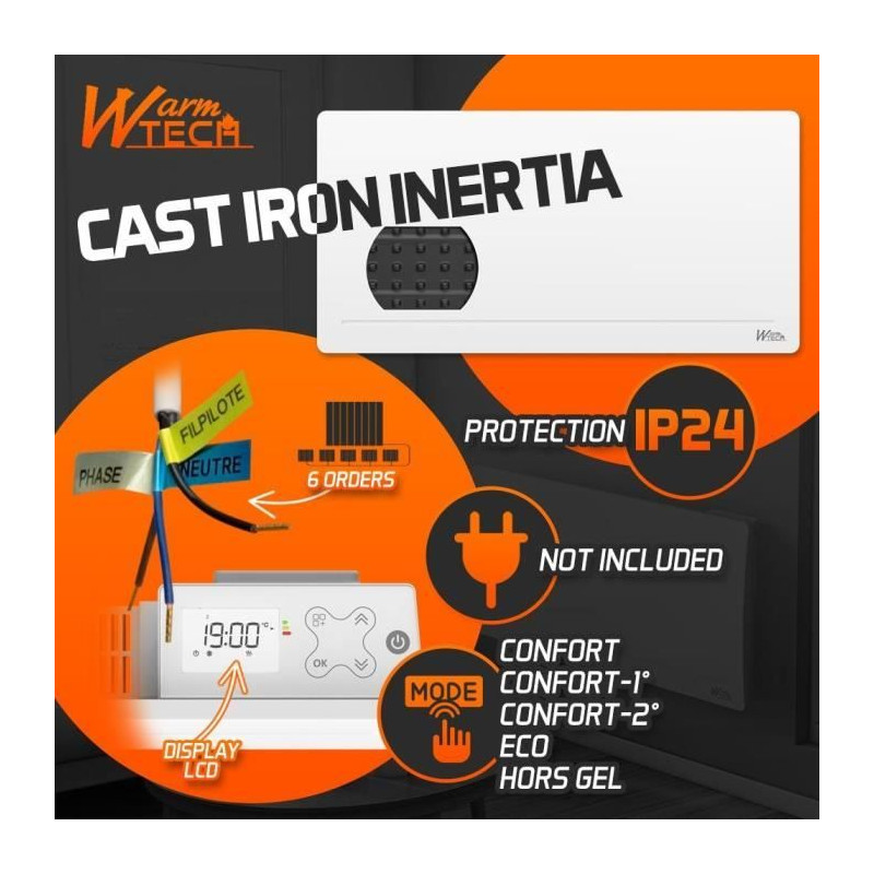 Radiateur fixe à inertie fonte - 2000 W - WARMTECH - WTFURIUS20 - Hor