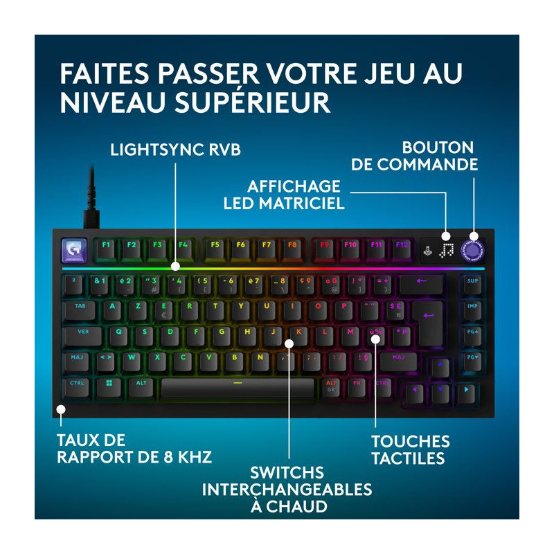 Clavier gamer - Filaire - Logitech G - G316 X 75 - AZERTY - USB - Noir