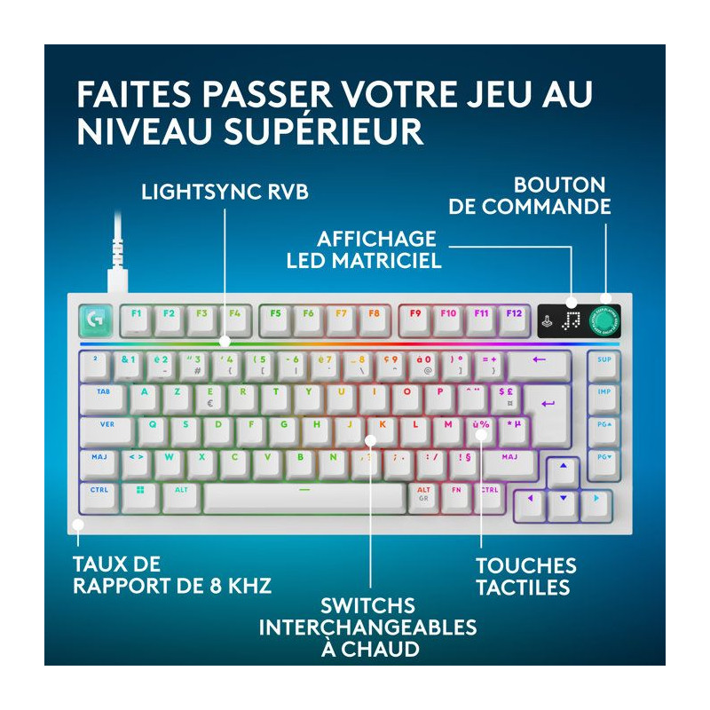 Clavier gamer - Filaire - Logitech G - G316 X 75 - AZERTY - USB - Blan