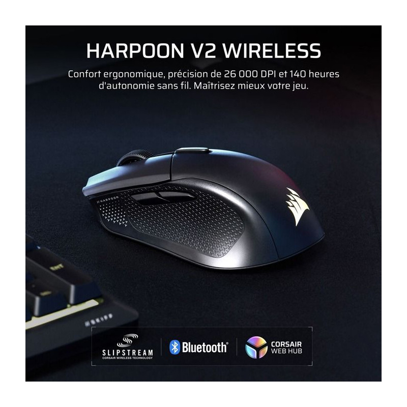 Souris Gamer - Sans Fil - Corsair - HARPOON v2 WIRELESS 26K DPI - Noir