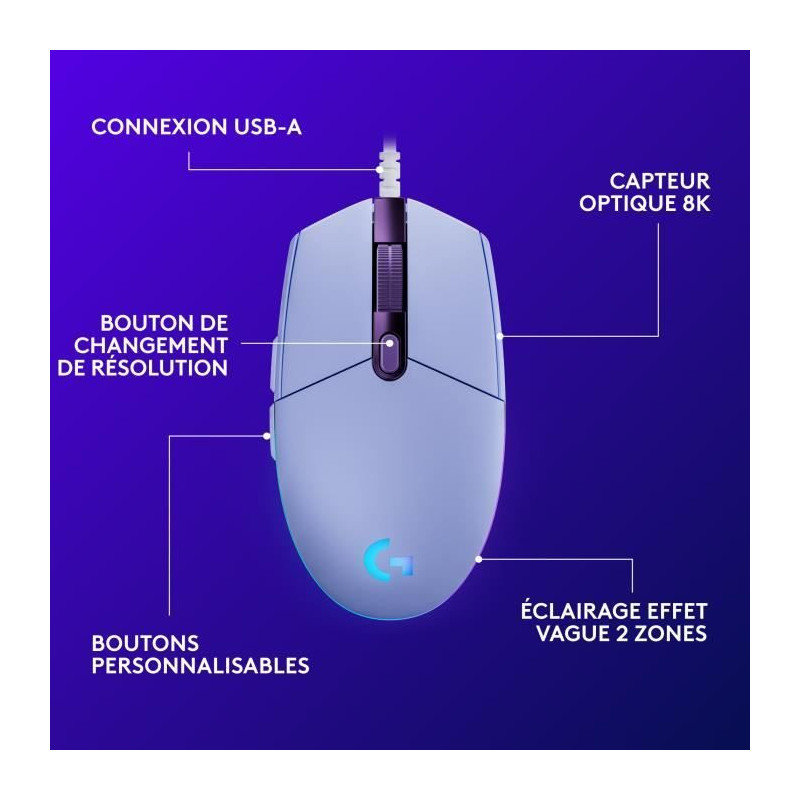 Wired Gaming Mouse - LOGITECH G - G203 - LIGHTSYNC - RGB - Lilac Color
