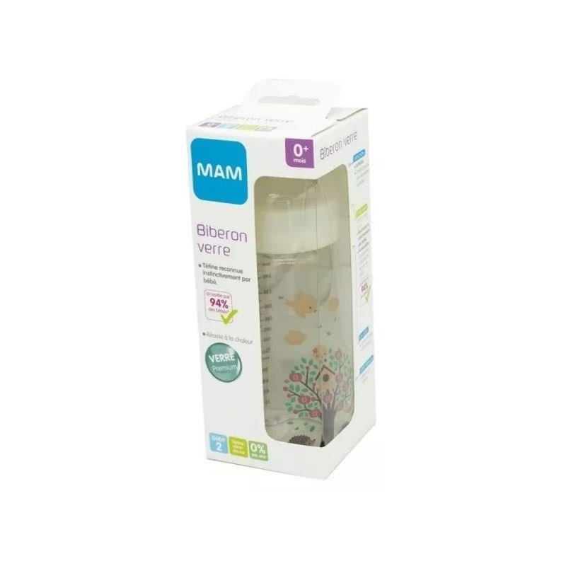 MAM Glass Bottle - 260ml - 0 to 6 months - Teat Flow 2 - White