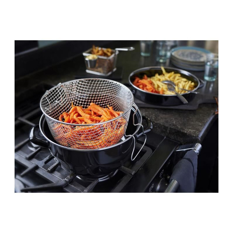 26 cm black enamel fryer with basket and glass lid