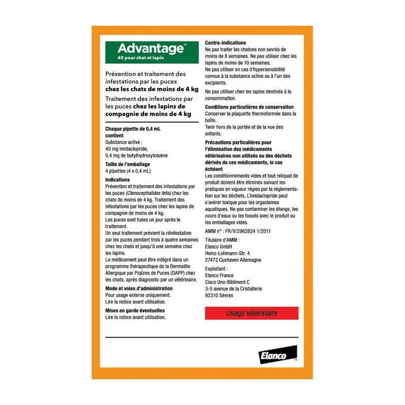 Advantage antipuce rabbit chat solution 1 to 4kg 4 pipettes