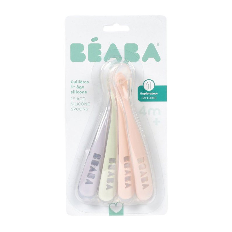 BEABA Set of 4 silicone 1st age spoons (windy blue + eucalyptus green