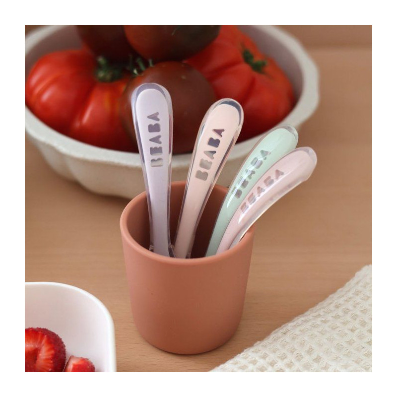 BEABA Lot of 4 spoons 2nd age silicone (dark blue + pink + light mist