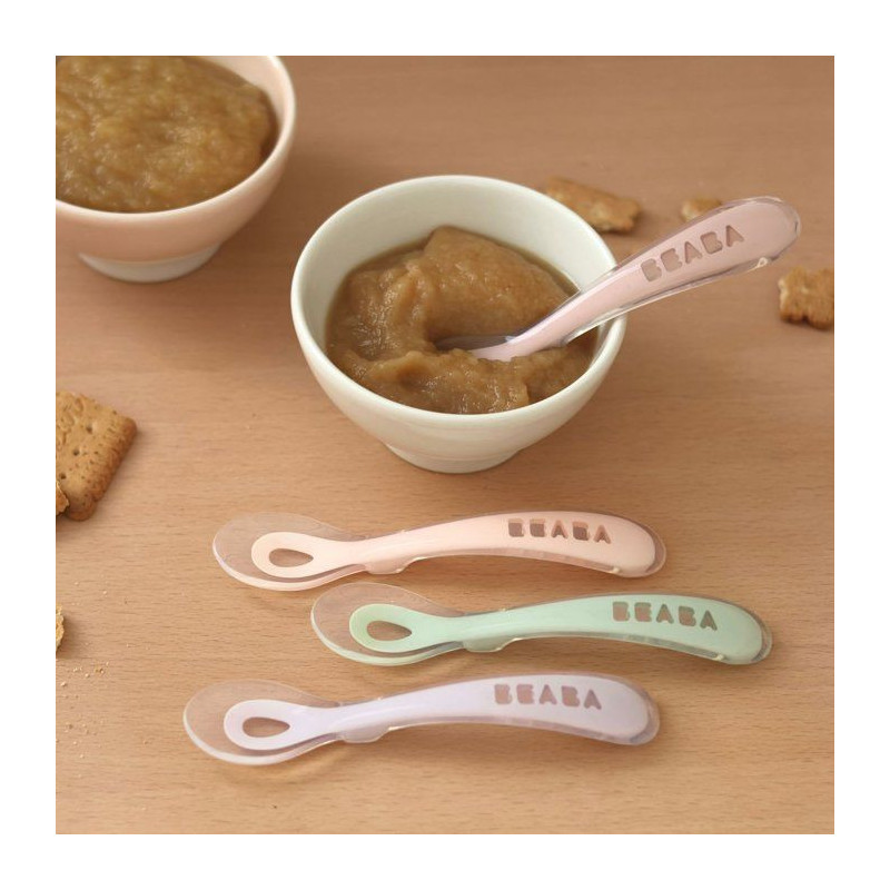 BEABA Lot of 4 spoons 2nd age silicone (dark blue + pink + light mist