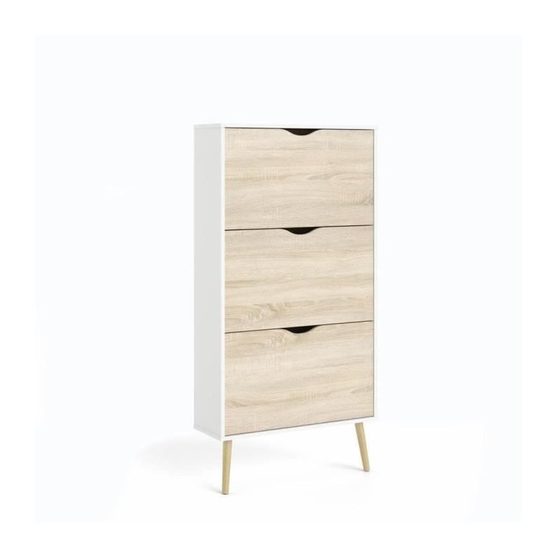 Shoe cabinet - White / Oak - 12 pairs - Solid wood flared base - 70.2