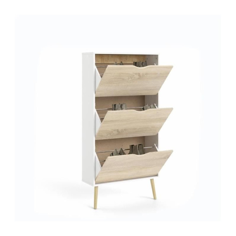 Shoe cabinet - White / Oak - 12 pairs - Solid wood flared base - 70.2