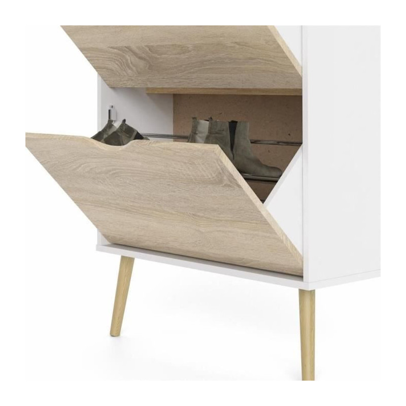 Shoe cabinet - White / Oak - 12 pairs - Solid wood flared base - 70.2