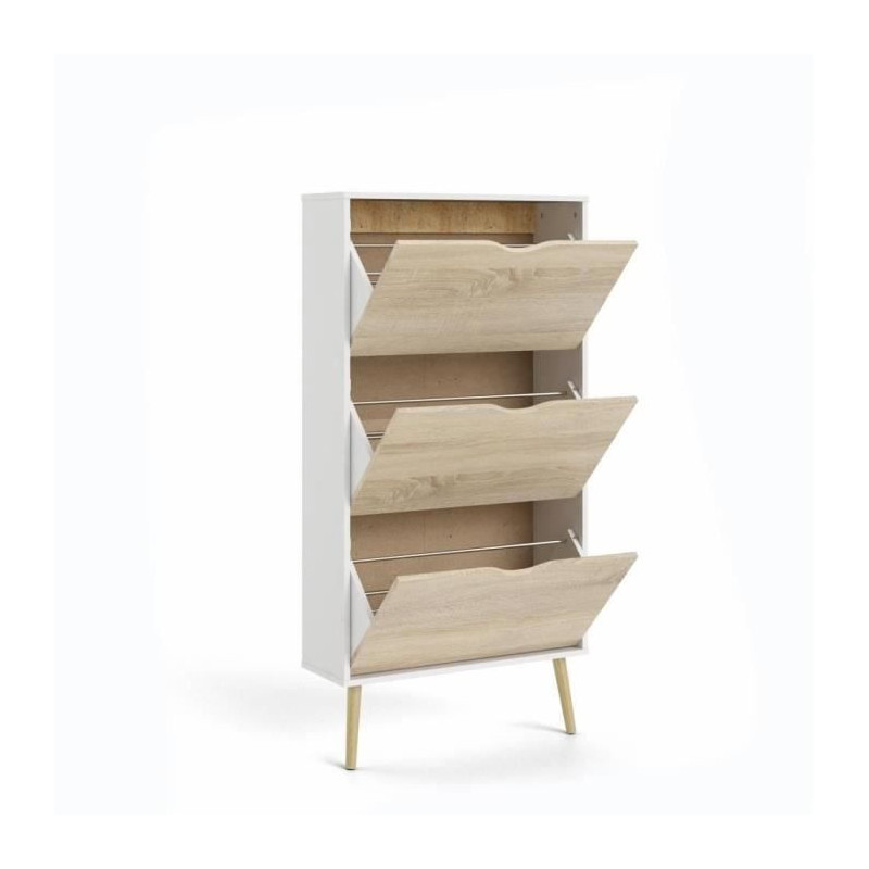 Shoe cabinet - White / Oak - 12 pairs - Solid wood flared base - 70.2